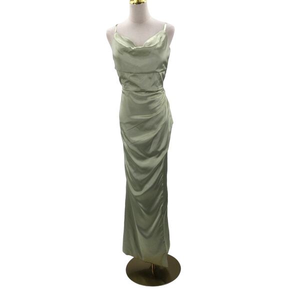 FORMAL PARTY SZ 12 L Green Satin Cow Lace Up Corset Draped Maxi Dress NEW B125 - Picture 1 of 8